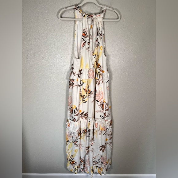 Free People Yellow Leaf Watercolor Cotton Gauze Anita Tiered Maxi Halter Size S - Picture 7 of 15